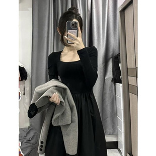 韩版小个子短款翻领灰色外套女+修身显瘦针织拼接连衣裙两件套