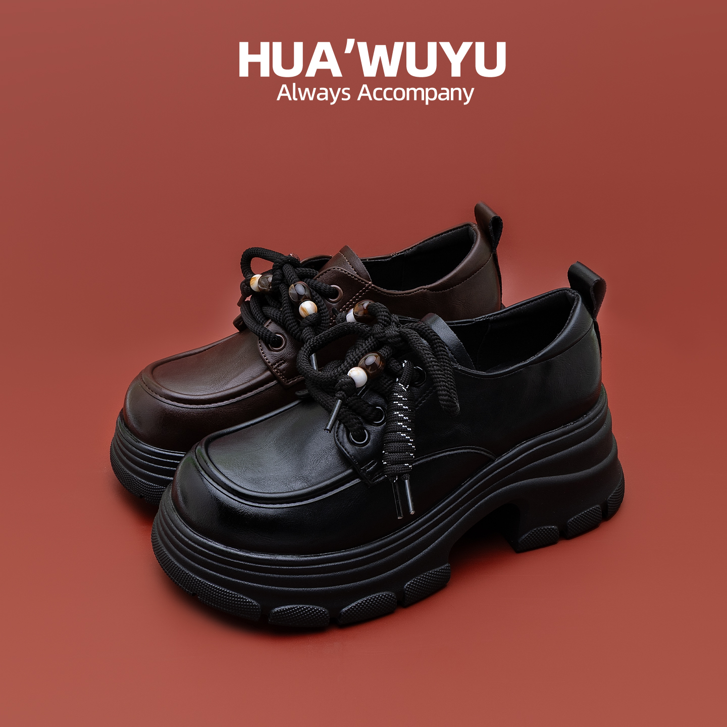 黑棕色厚底增高系带小皮鞋女复古