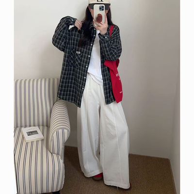 （美式单口袋格子衬衫）2909春季新款复古慵懒感长袖衬衫