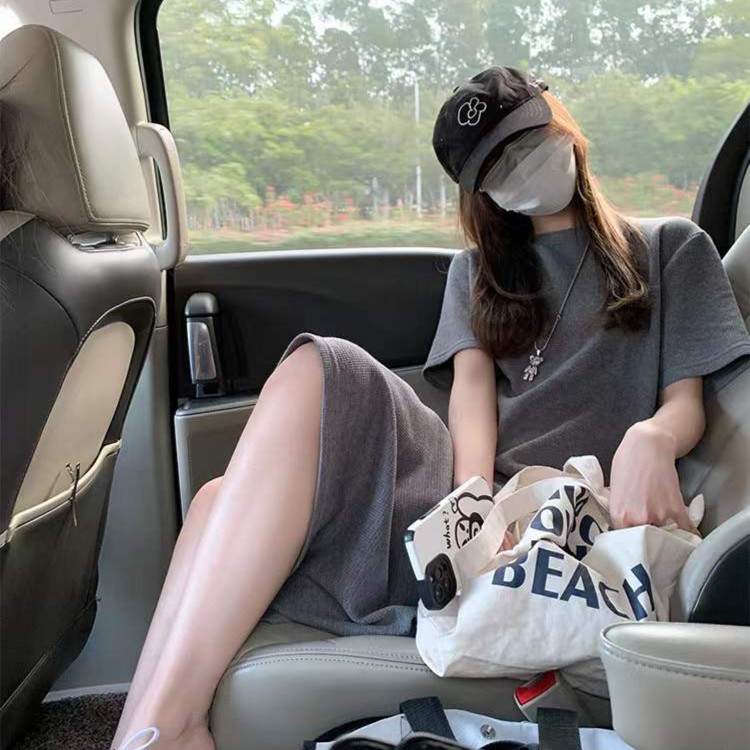 华夫格短袖T恤连衣裙圆领休闲简约直筒气质中长款裙子