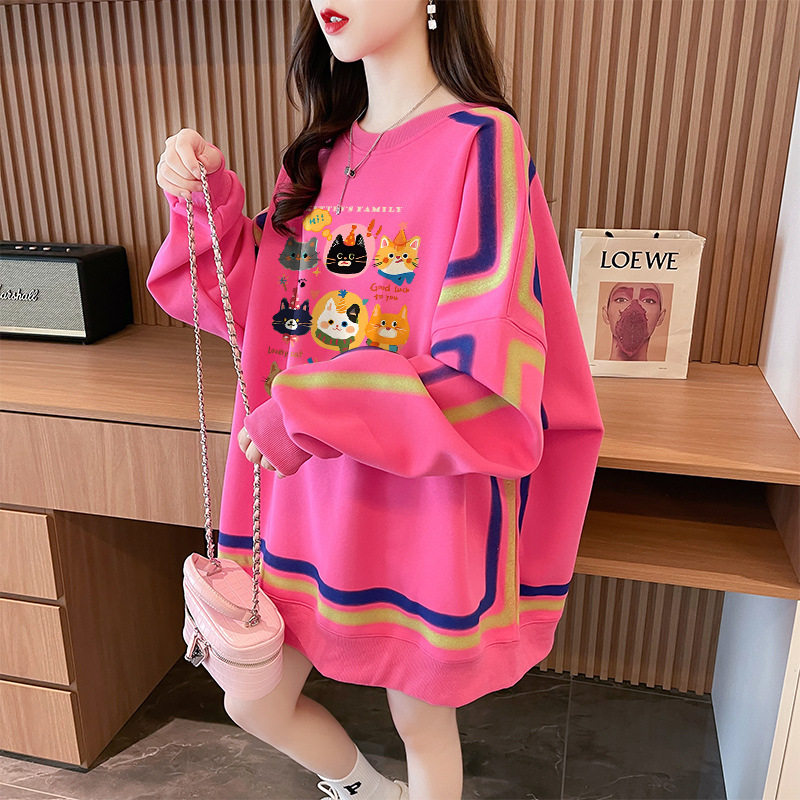 2025春秋季撞色线条薄款卫衣女甜酷风卡通猫咪印花宽松显瘦上衣潮,女装/女士精品,卫衣/绒衫,淘宝优惠券,粉丝福利购,淘宝优惠卷