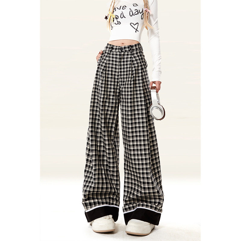 英伦风设计感翻边格子条纹裤女秋季高腰休闲宽松直筒阔腿拖地裤子,女装/女士精品,休闲裤,淘宝优惠券,粉丝福利购,淘宝优惠卷