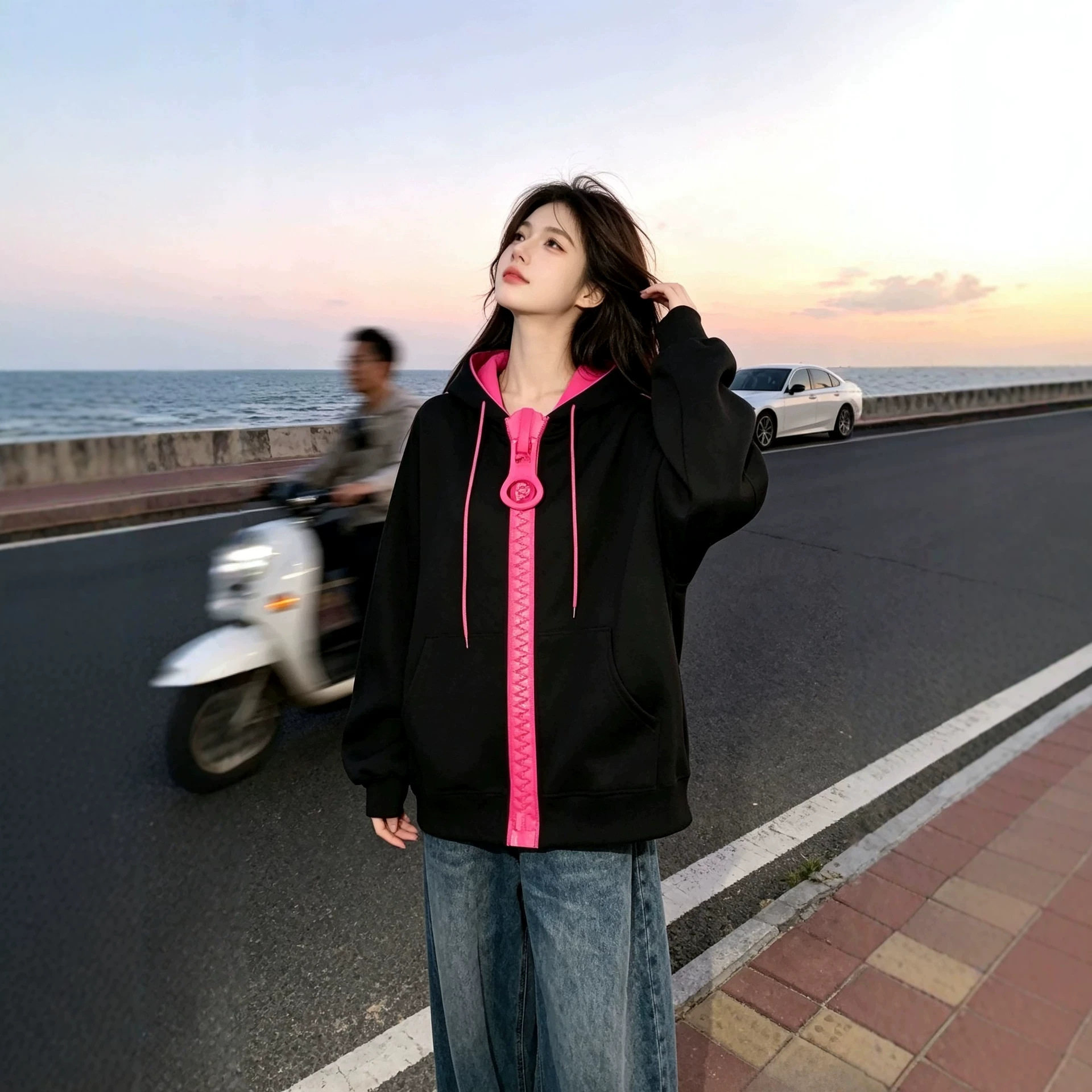 潮流洋气学院趣味可爱开衫外套女秋季休闲百搭卫衣外套大拉链上衣
