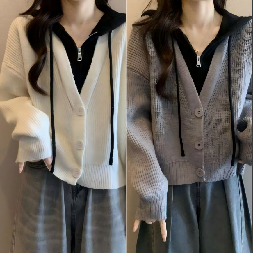 跨境女装外贸开衫针织外套新款连帽毛衣假两件大码显瘦针织上衣潮