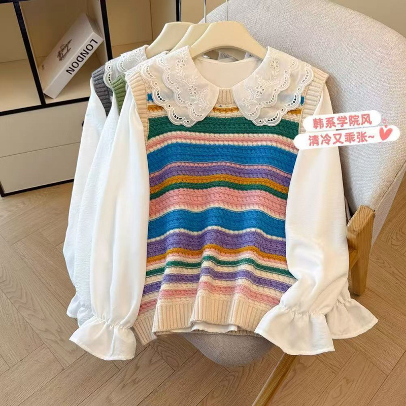 2025秋新款遮肉时髦洋气娃娃领衬衫针织马甲两件套装