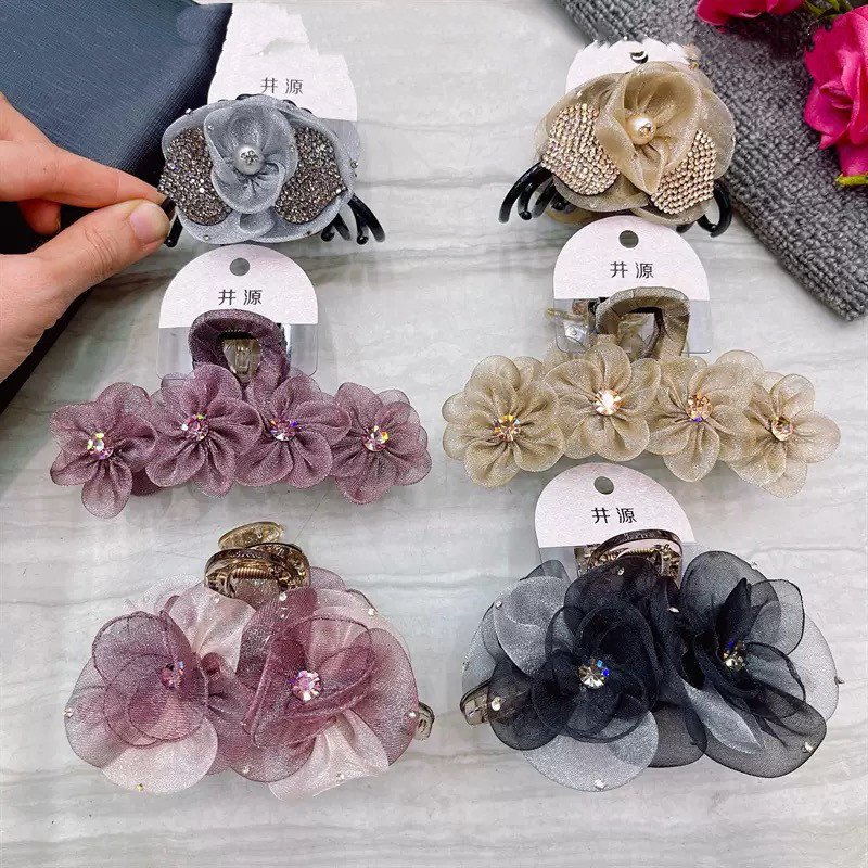 春日精选绢花欧根纱花朵抓夹大号超仙发夹中年盘发发抓鲨鱼夹