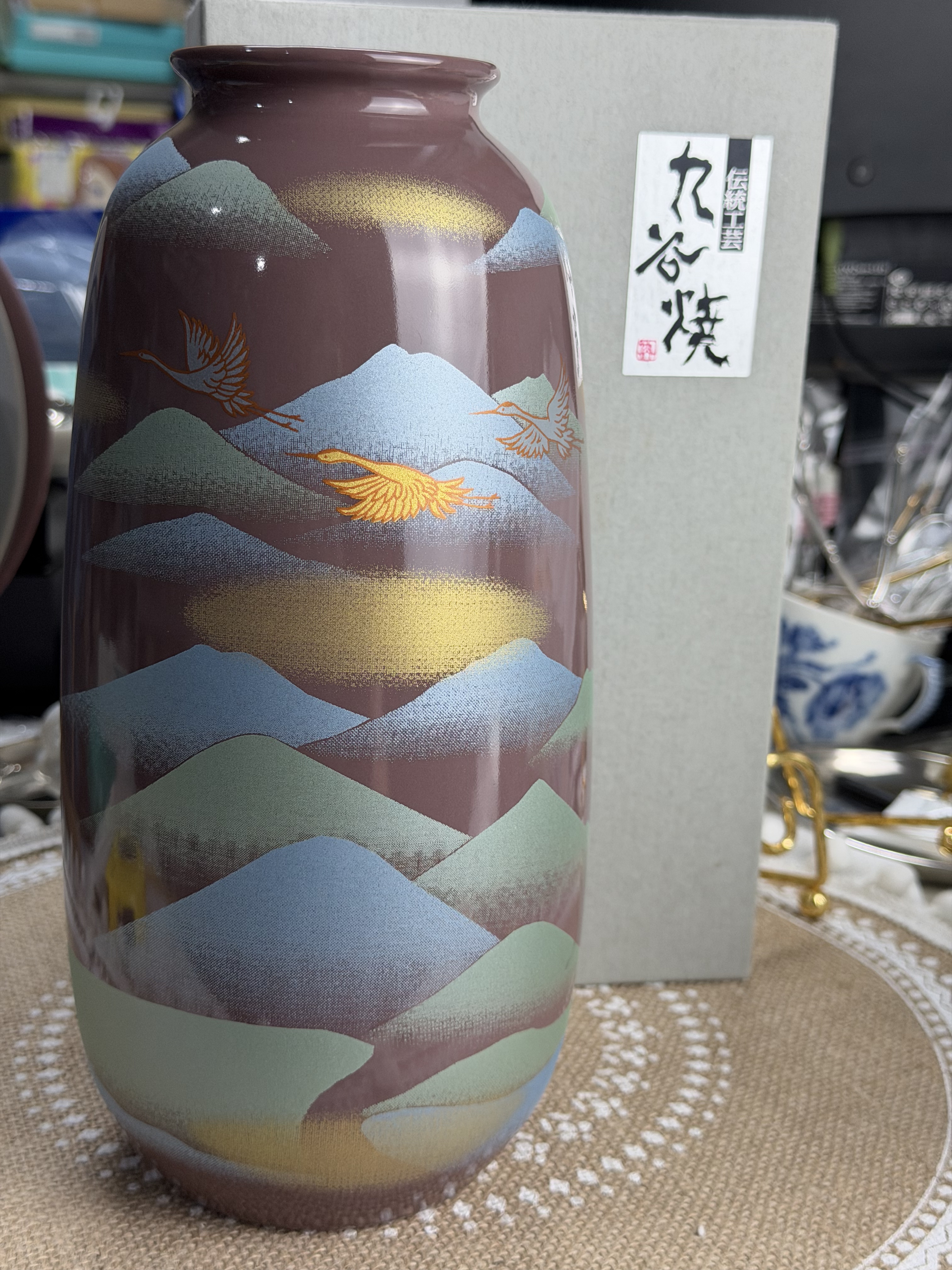 九谷烧复古紫仙鹤陶瓷花瓶摆件