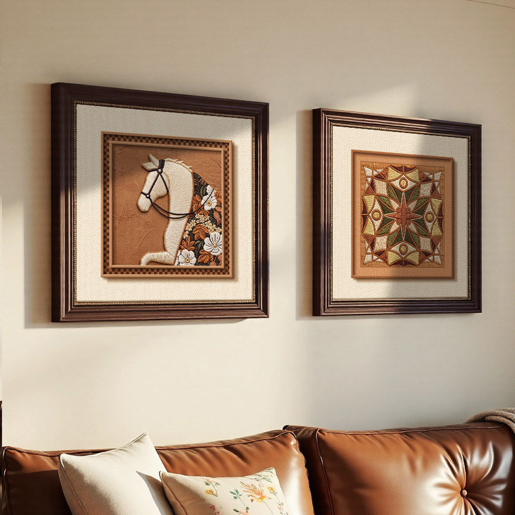 中古风客厅装饰画沙发背景墙挂画壁画现代高级感艺术组合两联墙画