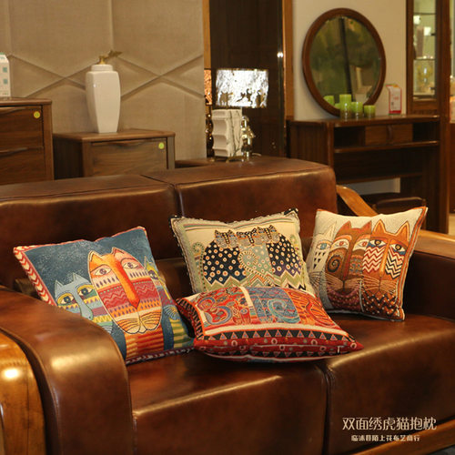 民族风复古猫咪棉麻沙发抱枕套