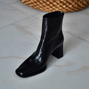 皮厚先生 头层羊皮方头短靴女粗跟气质高跟真皮时装靴2025秋冬季