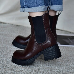 皮厚先生 百搭羊皮圆头粗高跟切尔西短靴女真皮舒适烟筒靴25冬季
