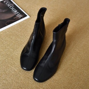 皮厚先生 简约百搭头层牛皮方头低跟短靴女柔软全真皮及踝靴冬季