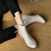 女靴米白色真皮高跟短靴 秋季 皮厚先生 复古及踝靴后拉链粗跟皮靴