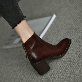 皮厚先生 后拉链粗跟短靴女复古 高跟及踝靴真皮圆头女靴秋冬新款