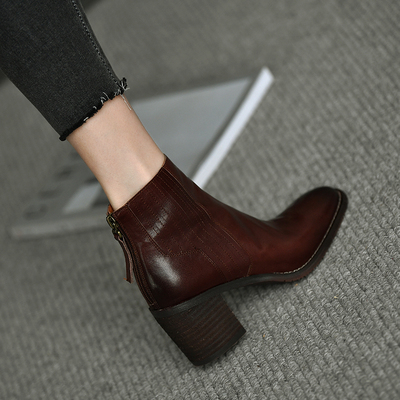 皮厚先生 后拉链粗跟短靴女复古 高跟及踝靴真皮圆头女靴秋冬新款