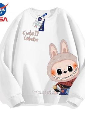 NASA联名拉布布卡通圆领卫衣男女宽松长袖白色上衣2025情侣春秋冬