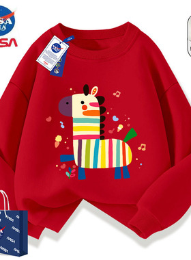 NASA卡通印花圆领卫衣红色2025年新款马年加厚保暖本命年新年衣服