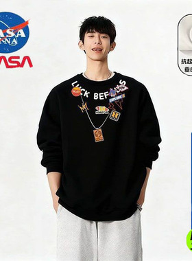 NASA美式潮流卡通风圆领卫衣男黑色印花宽松上衣抗起球字母印花冬