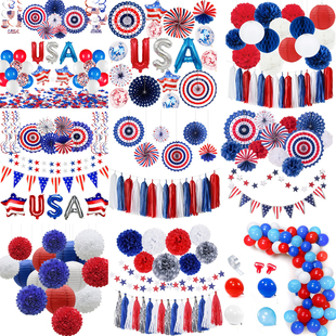 红白蓝主题布置 美国国旗USA字母气球拉旗 美国独立日派对装 饰