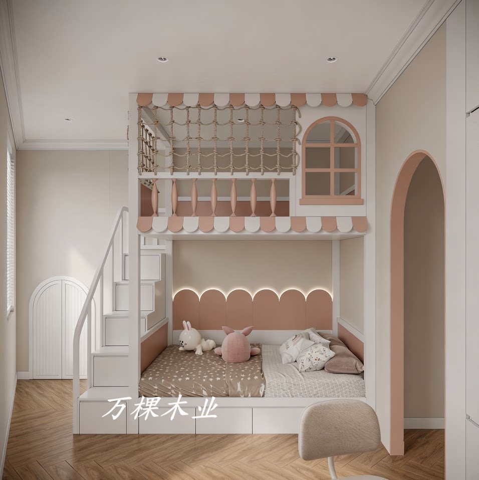 定制实木儿童双层树屋床小户型姐妹高低上下公主床简约美式城堡床