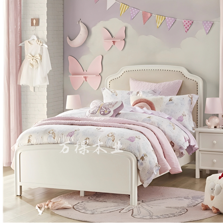 奶油风单人实木床青少年儿童床