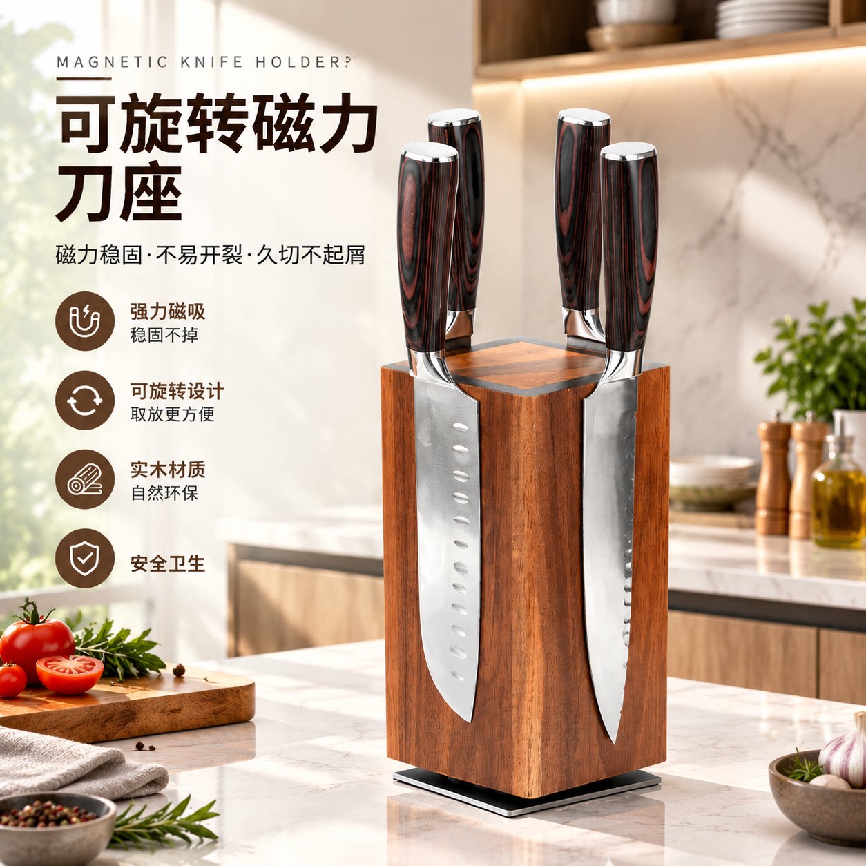 磁吸360°旋转刀架相思木厨房多功能刀具置物架家用桌面收纳刀座