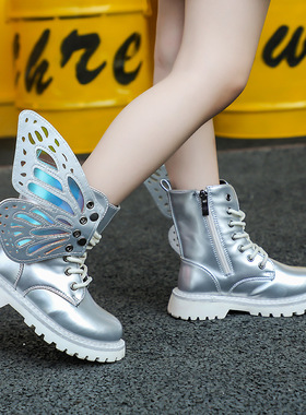 儿童马丁靴2024春秋新款女童翅膀时尚炫彩短靴女孩银色公主靴潮