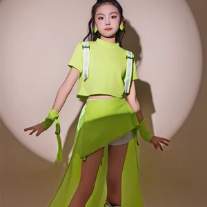 女童T恤裤裙春天荧光绿运动套装