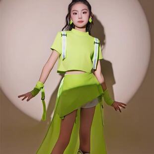 《荧光绿》女童T恤裤裙套装儿童走秀拖尾潮酷可日常中大童运动风