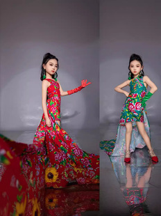 东北大花版 民族特色潮服红绿 女童表演服单肩连体裙拖尾T台走秀款