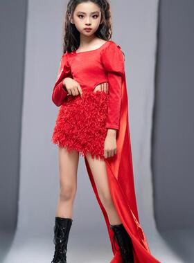 女童红色套装走秀潮服极简风长袖秋冬款表演服9中大童8香榭丽舍PK