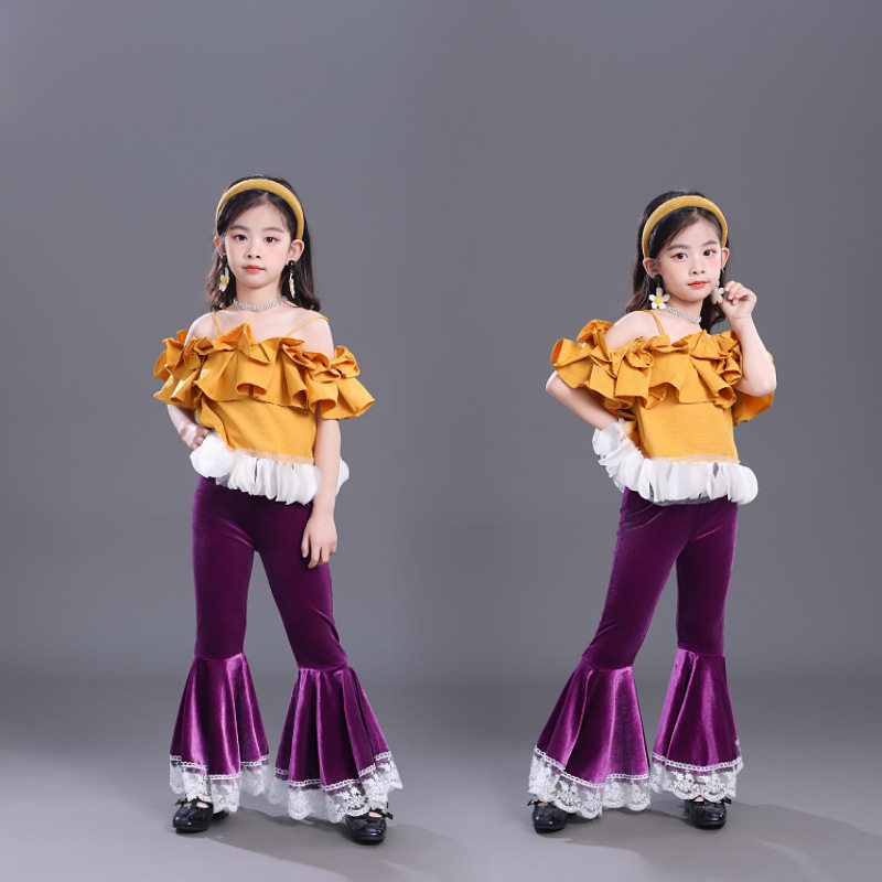 大玩家儿童走秀潮服女童复古港风多巴胺模特走秀服装喇叭裤糖果