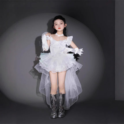 女童公主风t台女团秀服白色彭彭纱带拖尾爱豆洛丽塔花嫁生日洋气