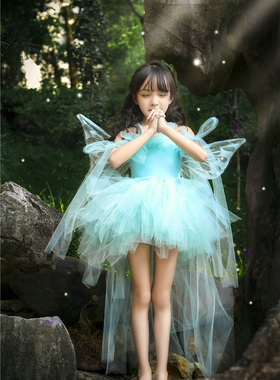 女童精灵装带蝴蝶翅膀万圣节COS蝴蝶仙子裙摄影纱质蓬蓬裙公主裙