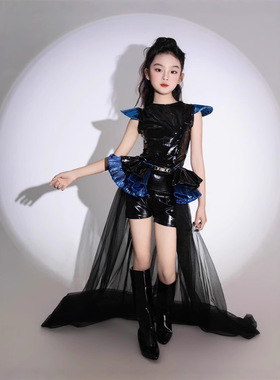 女童潮服机车风皮衣套装7朋克未来青龙主图蓝黑9金属感t台秀服新