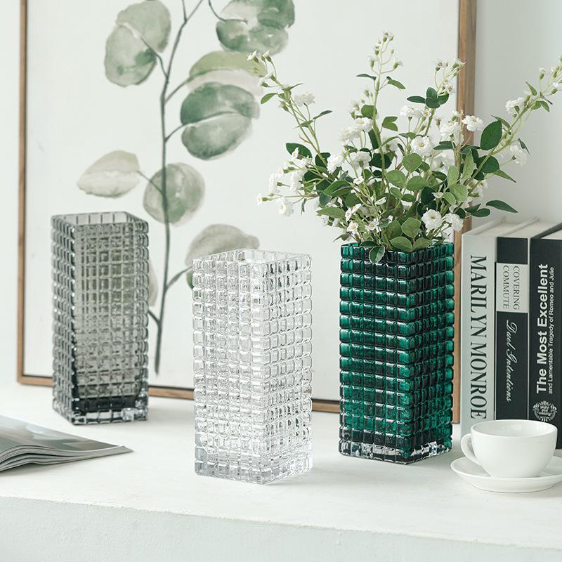 方形轻奢彩色玻璃花瓶水培植物鲜花客厅桌面餐桌花瓶玻璃摆件创意