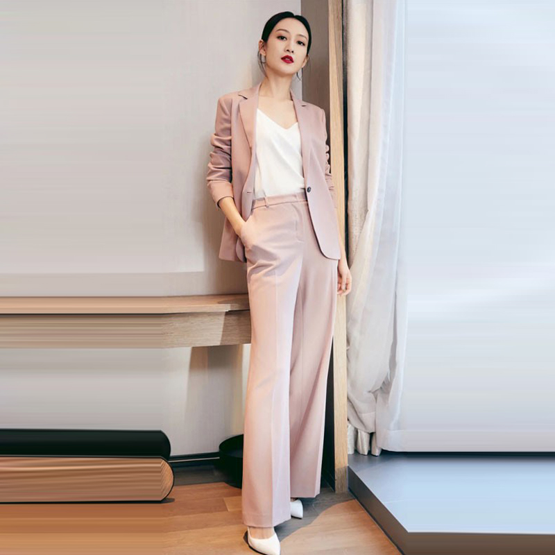 明星同款粉色气质西装两件套装女