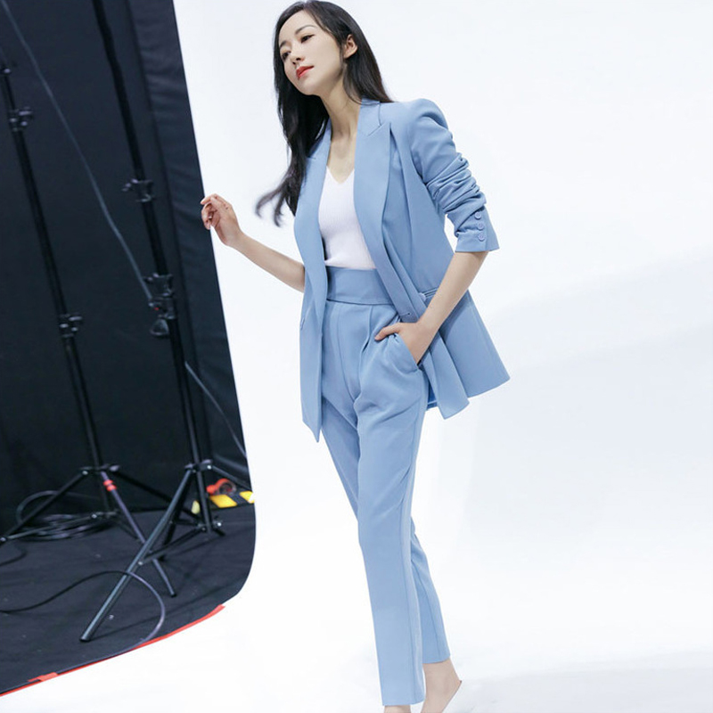 蓝色西装女长袖高腰显瘦两件套装
