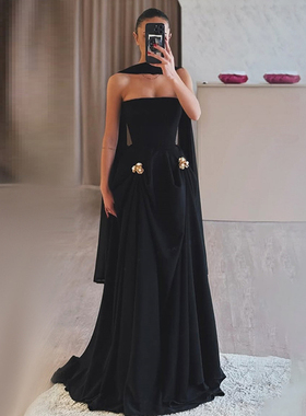 赫本风黑色抹胸飘带晚礼服长裙气质名媛轻奢主持人年会演出连衣裙