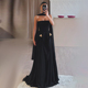 赫本风黑色抹胸飘带晚礼服长裙气质名媛轻奢主持人年会演出连衣裙