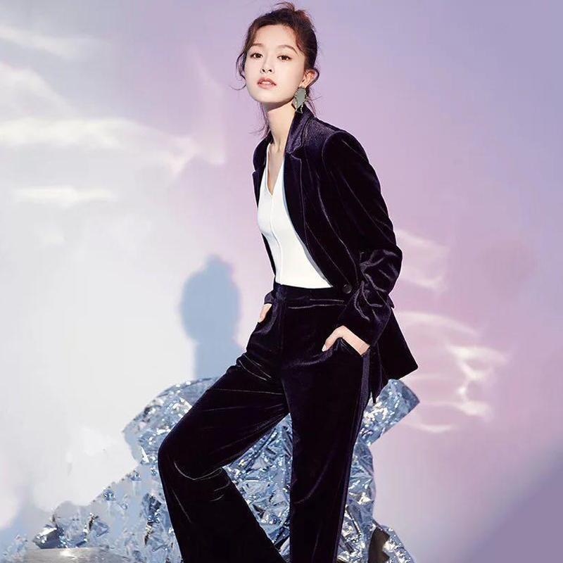 高级感显瘦黑色垂坠微喇裤百搭休闲气质直筒金丝绒西装套装长裤女