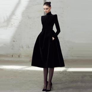 秋冬长袖 连衣裙金丝绒赫本风小黑裙复古收腰气质显瘦年会晚礼服女