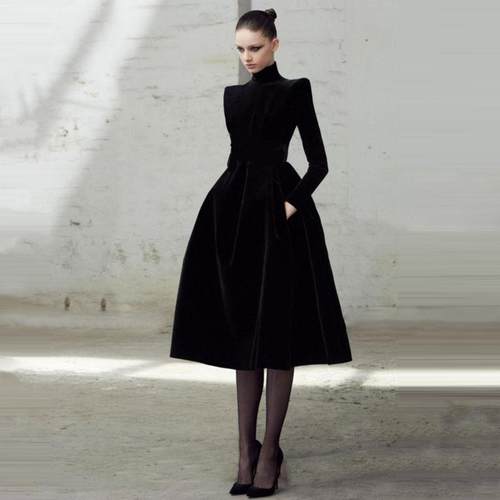 秋冬长袖金丝绒赫本风小黑裙礼服