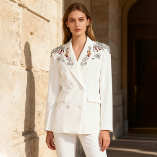 老钱风重工钉珠镶钻西装女白色双排扣刺绣西服外套高定系列上衣潮