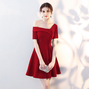 欧美风时尚一字肩红色晚礼服女宴会气质修身演出小个子短裙敬酒服