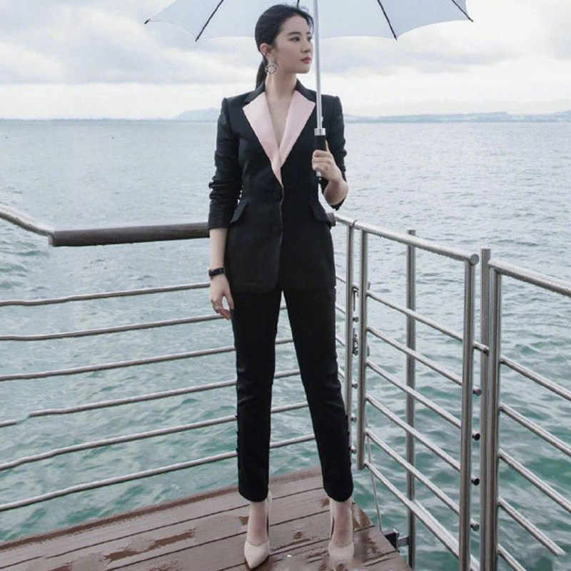 港风拼接撞色修身显瘦西装套装女
