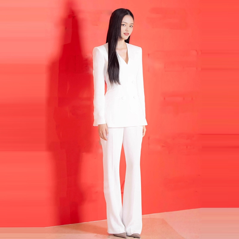 优雅风气质白色V领西装两件套装