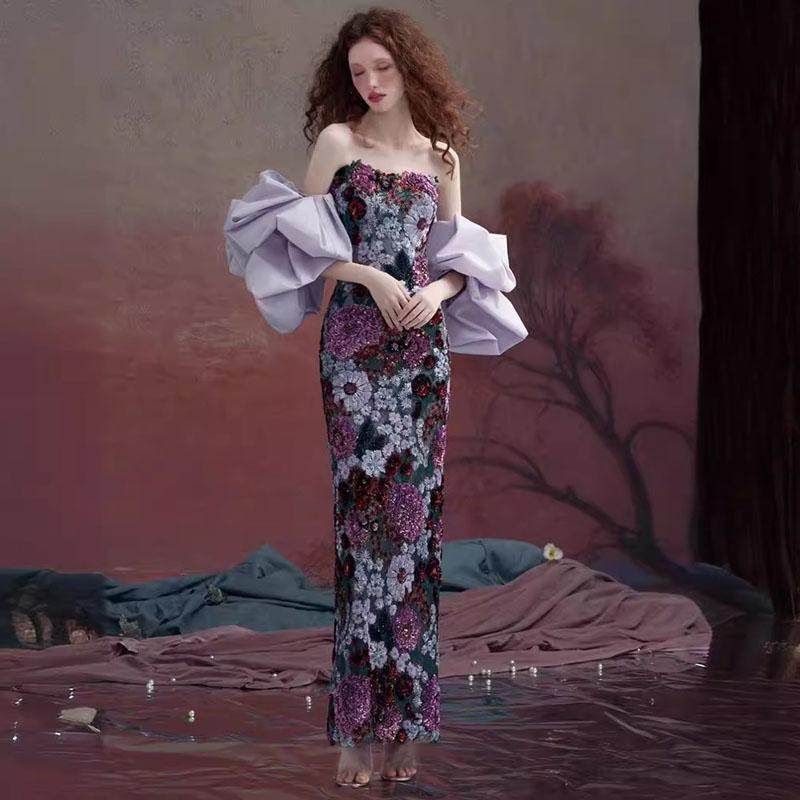 高级感刺绣钉珠花朵紫色气质生日宴会连衣裙主持人晚礼服抹胸长裙
