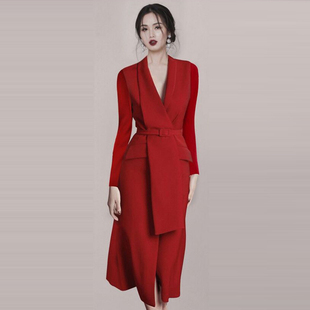 ol职业西装 显瘦时尚 连衣裙宴会红色礼服 轻奢气质名媛修身 高端时尚