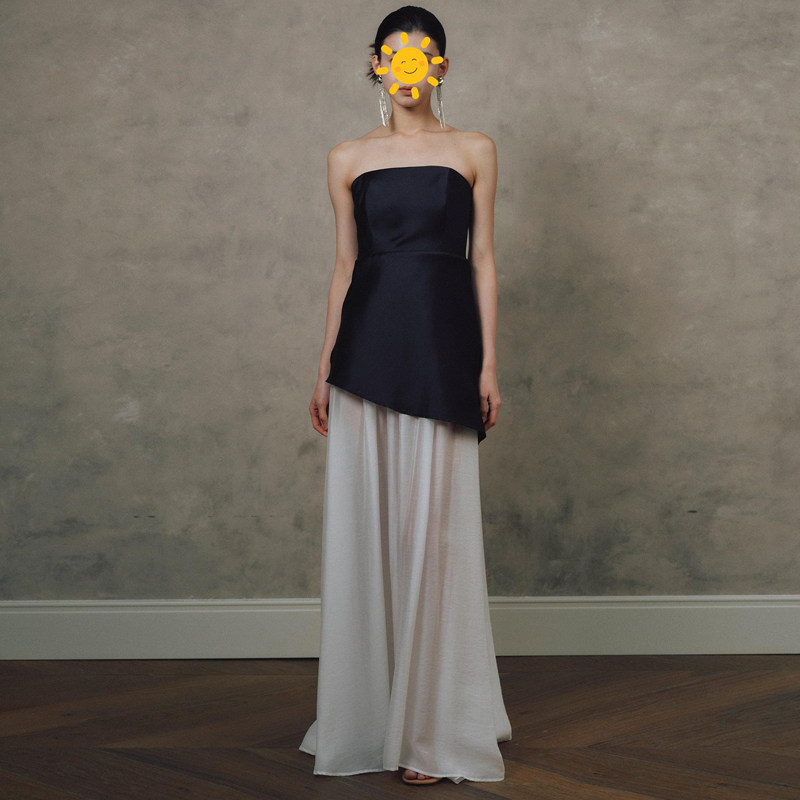 黑白拼色抹胸连衣裙女高级感气质名媛小众感收腰显瘦长裙晚礼服女
